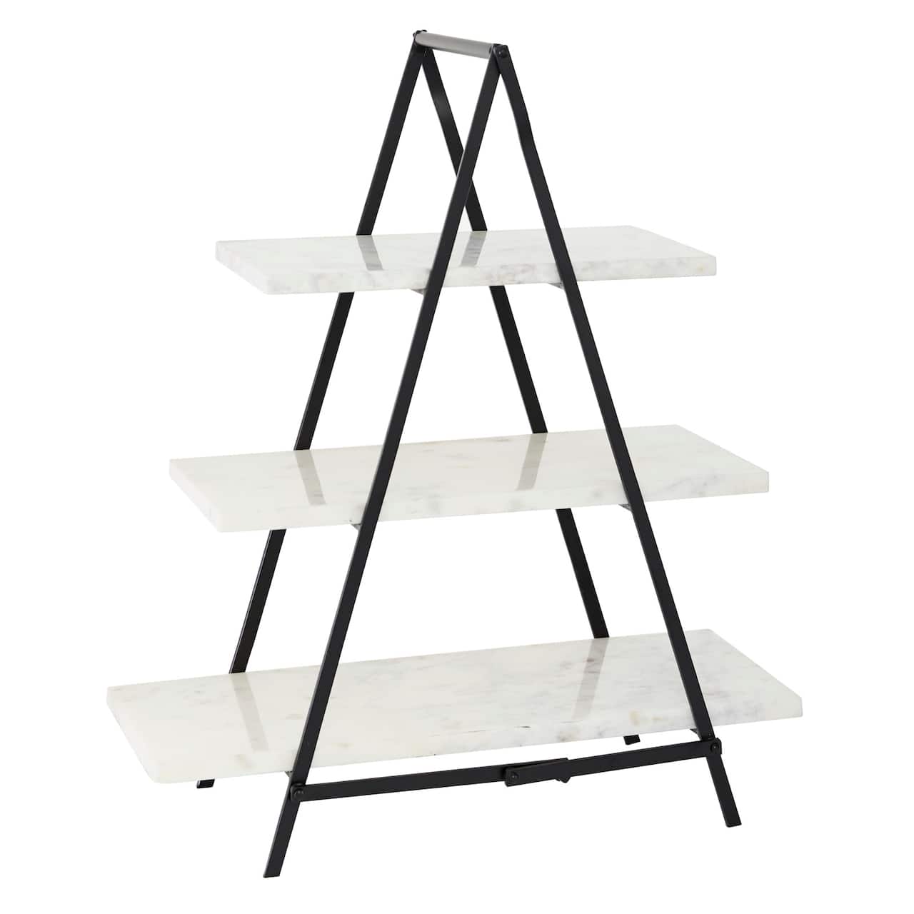 23" White Marble & Iron Contemporary 3-Tier Tray Stand